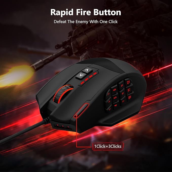 Premium Wired MMO Gaming Mouse For MOBA/FPS/RPG16400 DPIRapid Fire One-Button Triple Shot5.9FT Cable5 RGB Backlit18 Programmable Side Buttons 8 x 2.4g Weight TuningFor PC Computer/Desktop