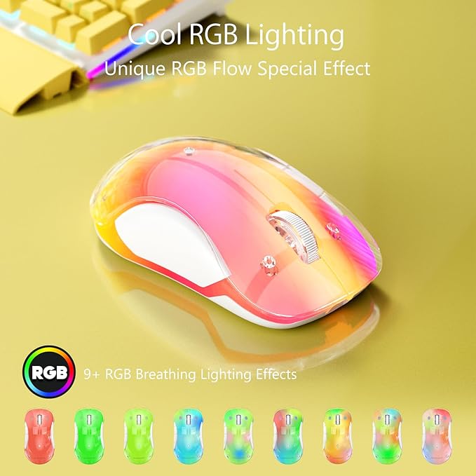 memzuoix 2.4G Wireless Mouse with Customizable Cover &amp 9-Color LED - Rechargeable Ergonomic 1400 DPI 5 Buttons USB Receiver for PC/Mac - Yellow