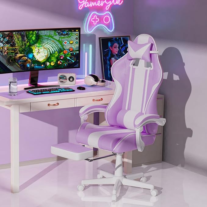 Ferghana Gaming Chairs Ergonomic Racing Style PC Game Computer Chair with Headrest Lumbar Support Adjustable Recliner PU Leather Video Computer Chair(Light Purple)