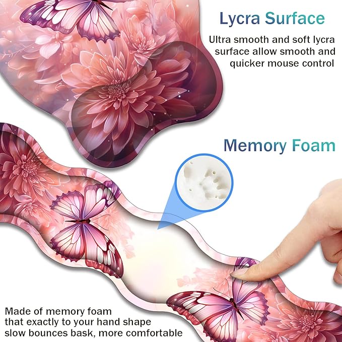 Ergonomic Keyboard Wrist Support Pad and Wrist Support Mouse Pad Anti-Slip with Gel Memory Mouse Pad Set Suitable for Office Use/Home Use - Pink Butterfly Flower