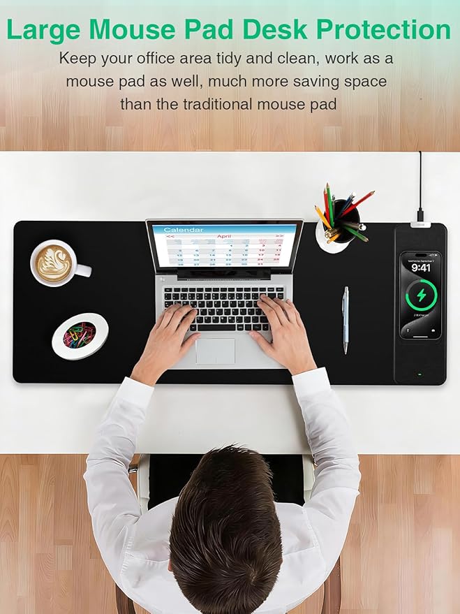 Mouse Pad with Wireless Charging Black Mousepad Long Desk Mat Large Gaming Mouse Pad Soft Mouse Pad Gaming Desk Pad with Non-Slip Rubber Base Extended Computer Keyboard Mat Office Mice Pad