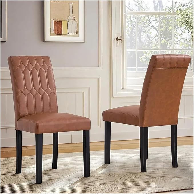 Adjustable Office Computer Chair with Armrest 2pcs Brown Leather Upholstered Dining Chairs Solid Wood Legs with Rubber Footpads for Kitchen Living Room