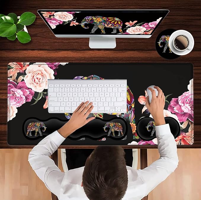 Gaming Mouse Pad XXL Large Desk Mat Non-Slip Rubber Mice Stitched Edges(31.5x11.8 in) Ergonomic Memory Foam Keyboard Wrist Rest Cute Funy Anime Cartoo Colorful Elephant Black Extended Mouse Pad Set