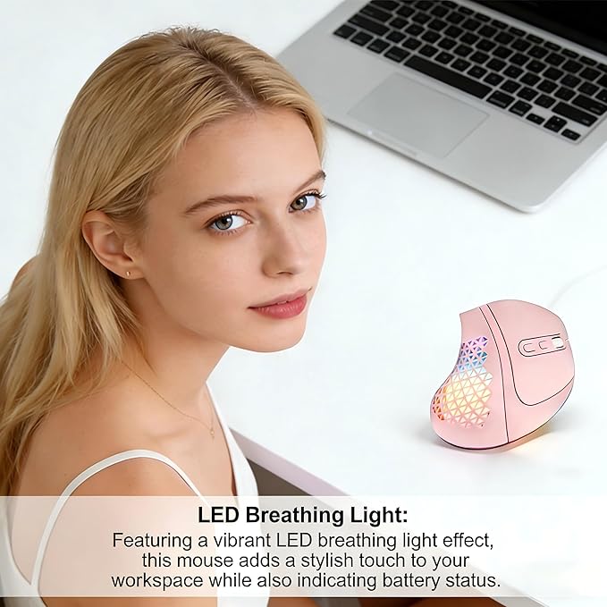 Bluetooth Wireless Dual-Mode Vertical Mouse - Silent Click Ergonomic Comfort for Office &amp Home Use Rechargeable with LED Breathing Light Compatible with Multiple Devices (Pink)