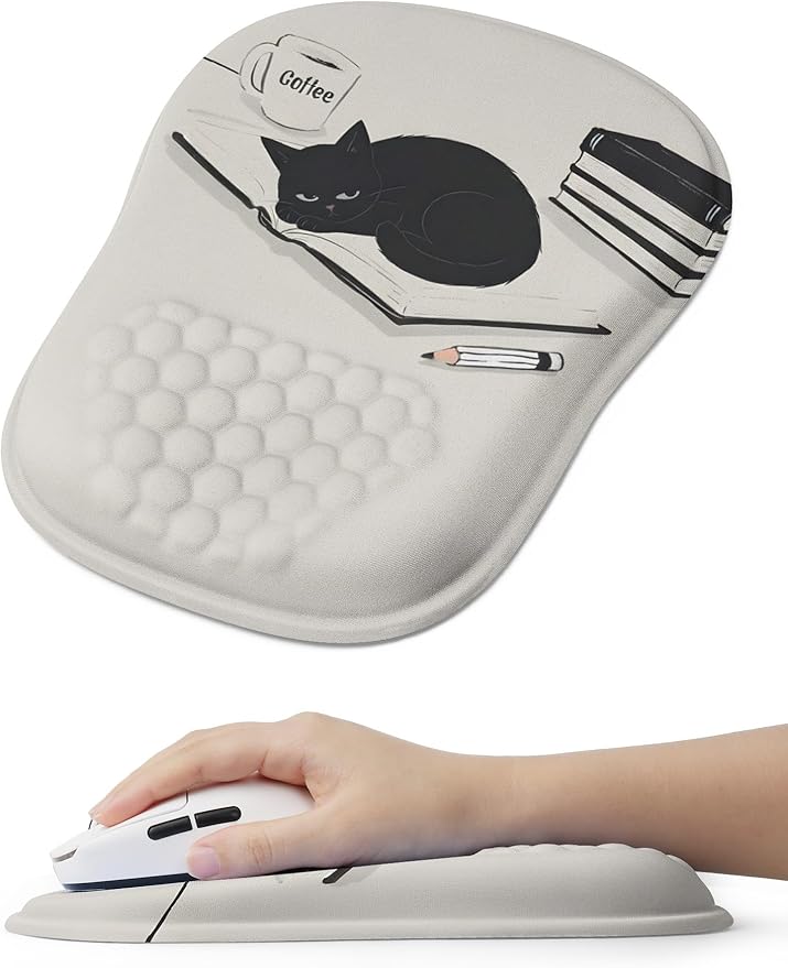 Ergonomic Mouse Pad with Cute Black Cat Design for Carpal Tunnel Pain Relief 65% Usable Mouse Area Memory Foam Concave Wrist Rest for Office PC Gaming
