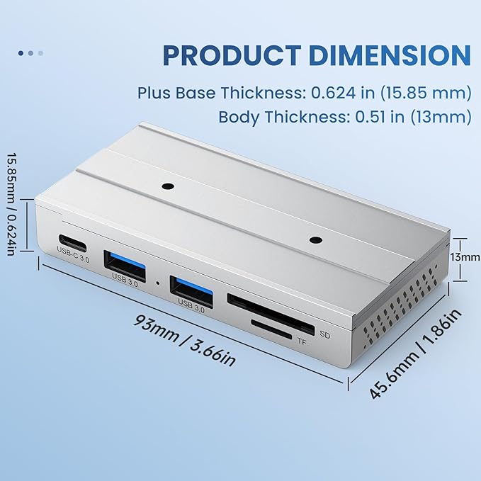 EJAY 5-in-1 Magnetic USB 3.0 Hub with SD/TF Card Reader 2 USB-A + 1 USB-C Ports Includes Sliding Rail Screws &amp Sticky Pads for MacBook Laptop PC Silver