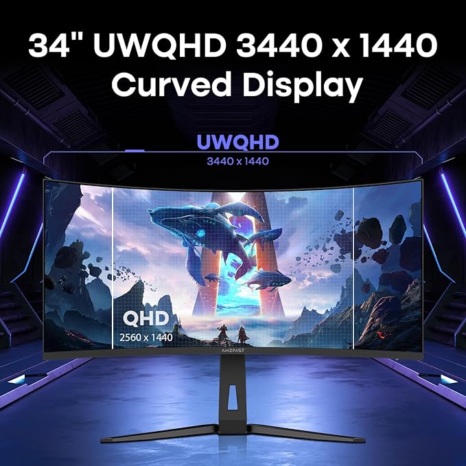 Amzfast 34 Inch UltraWide Curved Monitor 200Hz UWQHD 3440x1440 Gaming Monitor 1ms G-SYNC Compatible 1500R PIP/PBP 131% sRGB Tilt/Swivel/Height AdjustableTÜV Rheinland HDMI 2.1 x 2 &amp DP 1.4