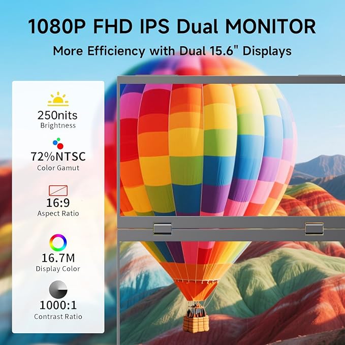 Portable Monitor 15.6 Foldable Dual Screen Plug &amp Play for PC/Android/Switch/Xbox/PS5 FHD 1080P HDR Foldable Travel Display with HDMI/USB-C Ideal for Gaming Office &amp Outdoor