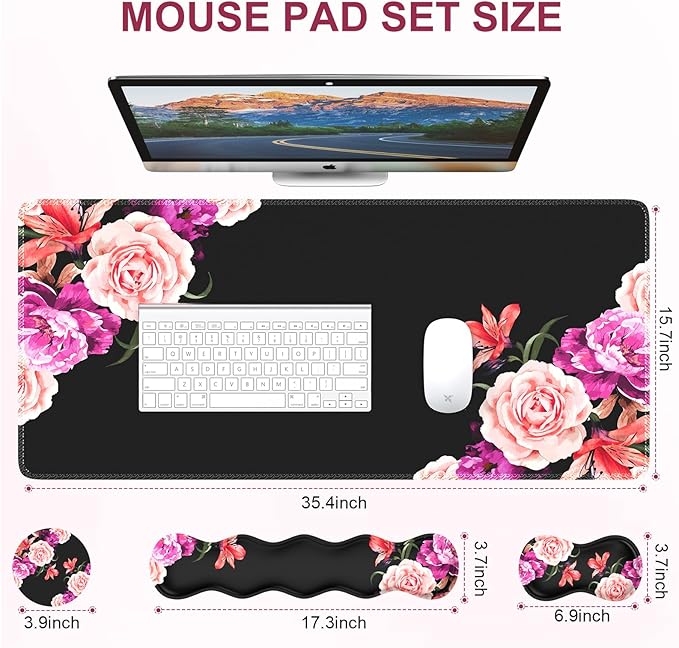 iLeadon Mouse Pad Set Desk Mat + Mouse Pad with Wrist Rest + Keyboard Wrist Rest + Coaster Mouse and Keyboard Pad Set with Stitched Edge &amp Non-Slip Base Desk Pad Mat for Work Gaming Peony Flow