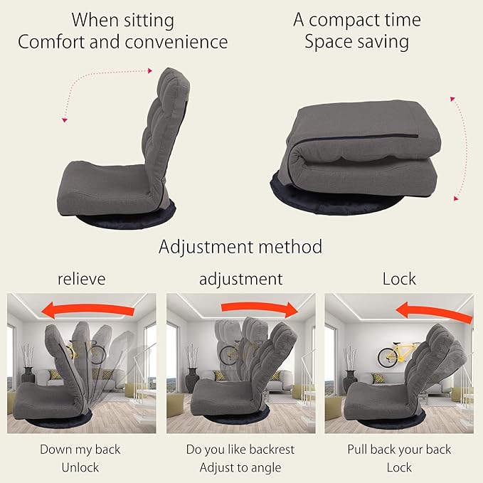 Swivel Floor Chair for Adults with Back Support Adjustable Floor Gaming Chair for TV Reading Playing Video GamesFloor Lounge Chair with Lumbar Support Folding Design 8858Z(Brown)