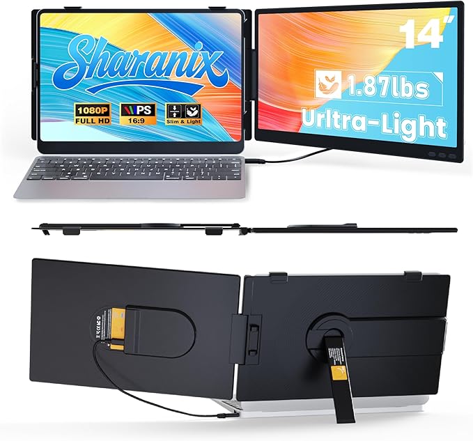Laptop Screen Extender Ultra-lightweight 14 FHD 1080P IPS Dual Screen Laptop Monitor Extender with USB-C/HDMI Port Plug and Play Portable Monitor for 13-17 Laptops (Wins/Mac/Android//Switch/PS5)