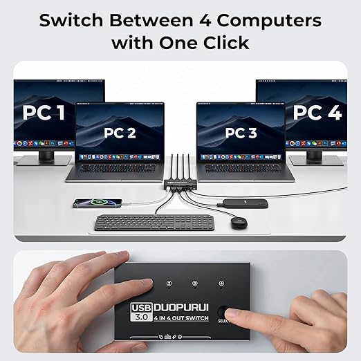 USB 3.0 Switch 4 Computers Sharing USB C &amp A DevicesEasy One-Click Device Switching with USB-C Cable &amp USB-A CableUSB Switch Hub Share Keyboard Mouse Printer Scanner(USB3.0 4in4out)