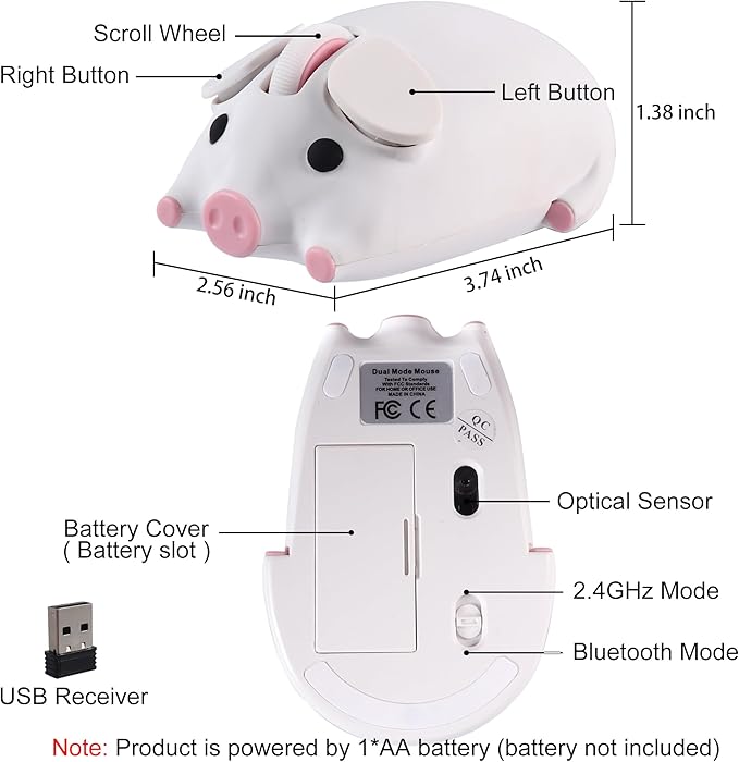 Wireless Bluetooth Mouse Cute Animal Pig Shape 2.4G &amp Bluetooth Dual Mode Computer Mice with USB Receiver Portable Compact 1200DPI Optical Cordless Mouse for Laptop iPad PC Chromebook Kids Gift(Wh