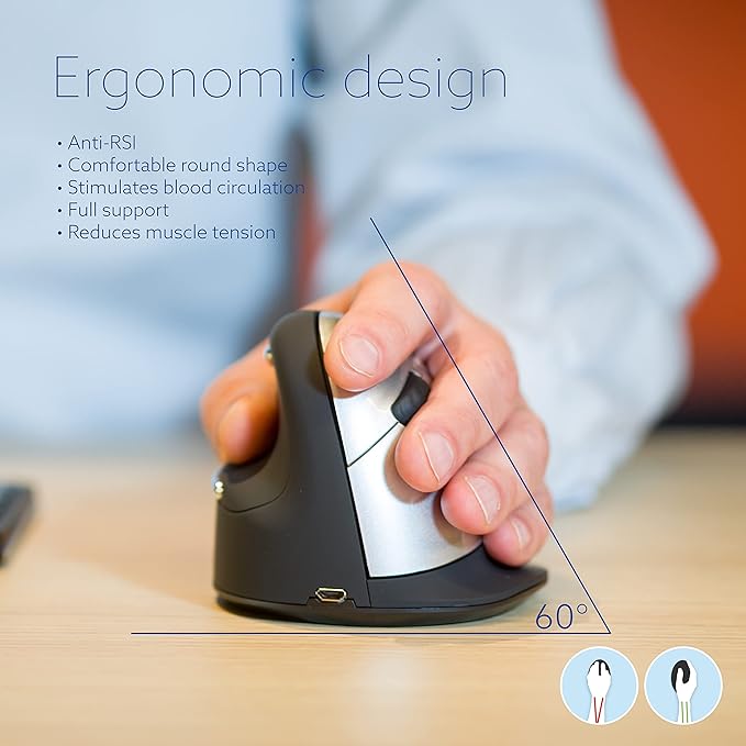 R-Go HE Vertical Ergonomic Mouse Wireless Large Left Hand 1750 DPI 5 Buttons Prevents Tennis Elbow/Mouse Arm RSI- Compatible Windows/Mac Black/Silver