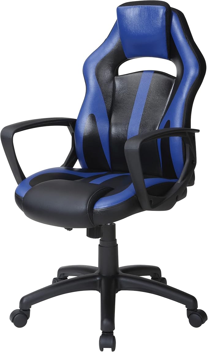 OSP Home Furnishings Influx Adjustable Faux Leather Gaming Chair with Lumbar Support and Full 360 Rotation Blue Accents