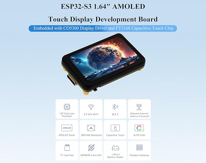 ESP32-S3 1.64inch AMOLED Touch Display Development Board 280x456 QSPI Interface Onboard Accelerometer and Gyroscope Sensor and Other Interfaces ESP32 with Display