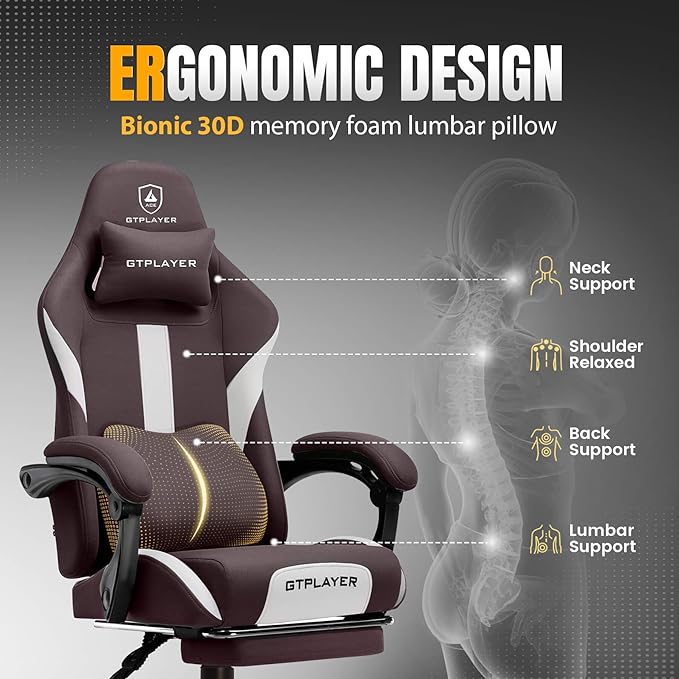GTPLAYER Gaming Chair with Foot Rest &amp Pocket Spring Cushion Breathable Fabric for Home Office Desk Ergonomic High Back Computer Chair with Headrest &amp Lumbar Support Brown