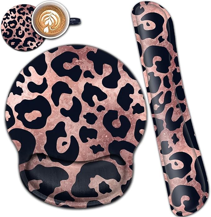 Ergonomic Mouse Pad Gel Wrist Support and Memory Foam Keyboard Wrist Rest Set for Gaming Computer Office Laptop Easy Typing Wireless Mouse Mat Black Leopard Rose Pink Pattern Office Desk Pad