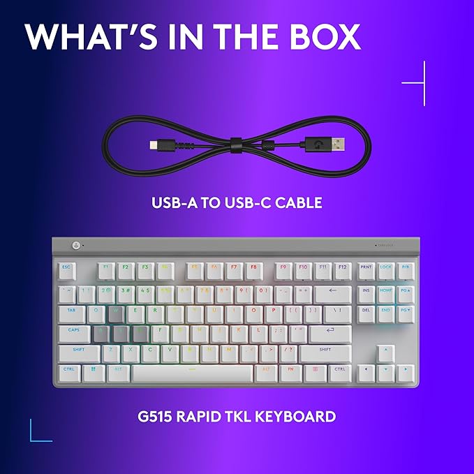 Logitech G515 Rapid TKL Low-Profile Wired Gaming Keyboard Fully Customizable PC Gaming Keyboard with Analog Low-Profile Switches Rapid Trigger Ultra-Slim for USB-A Port - White