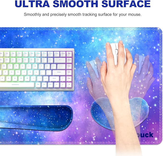 Desk Mat Gaming Mouse Pad Wrist Rest Support Combo XXL Large Mousepad + Keyboard Wrist Support +Mouse Wrist Rest+Coaster Set with Ergonomic Design 4in1 for Home Office Nebula Galaxy
