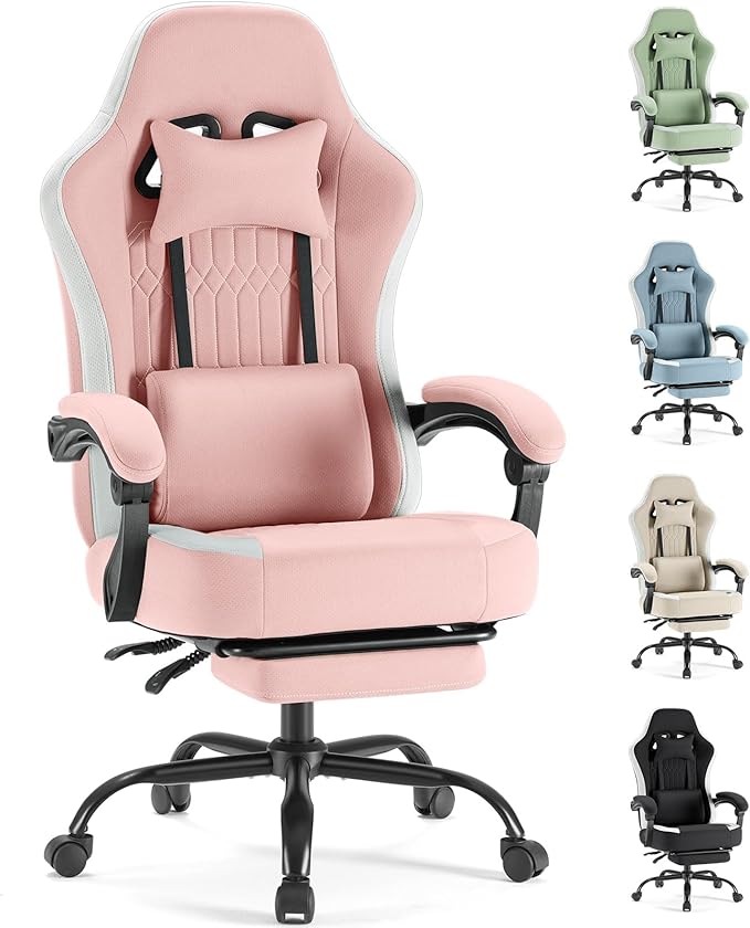 Sweetcrispy Video Gaming Chair - Ergonomic Desk Chair with Footrest and Lumbar Support Height Adjustable High Back Task Chair with Linkage Armrests and Headrest 360° Wheels Pink