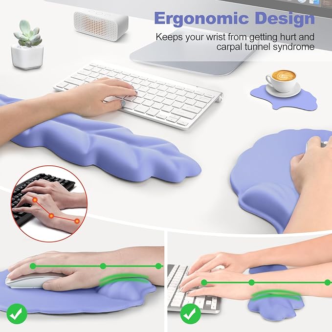 Keyboard Wrist Rest and Mouse Pad with Wrist Support Set Ergonomic Leaf Shape Mouse Pad with Non-Slip Base Pain Relief Memory Foam Mousepad for ComputerLaptopHome Office Purple