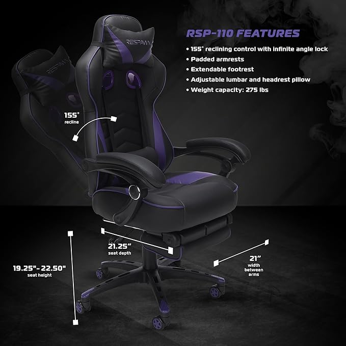 RESPAWN 110 Ergonomic Gaming Chair with Footrest Recliner - Racing Style High Back PC Computer Desk Office Chair - 360 Swivel Adjustable Lumbar Support Headrest Pillow Padded Armrests 2019 Purple
