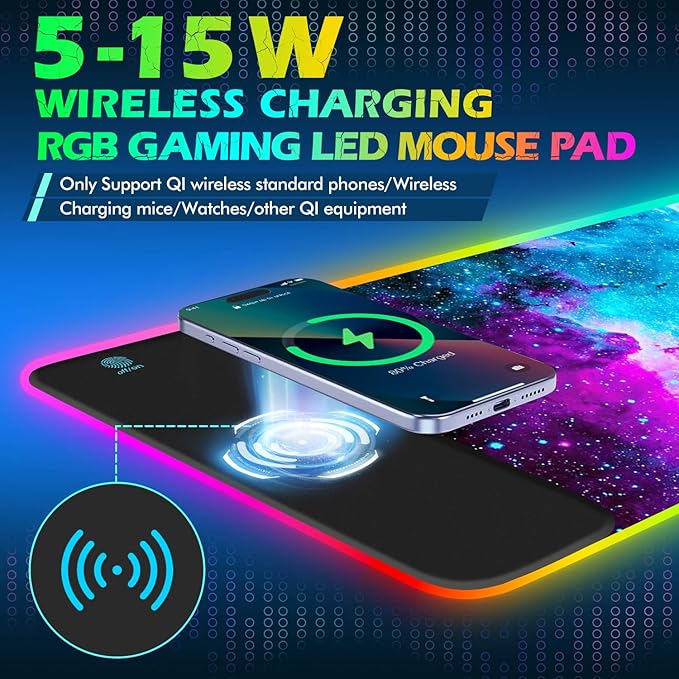 ToLuLu RGB Gaming Wireless Charging Mouse Pad 5/7.5/10/15W 10 Light Modes LED Mouse Pad Computer Keyboard Mat Mousepad 800x300x4MM Extended Large Desk Mat for Gaming MacBook Laptop PC Galaxy