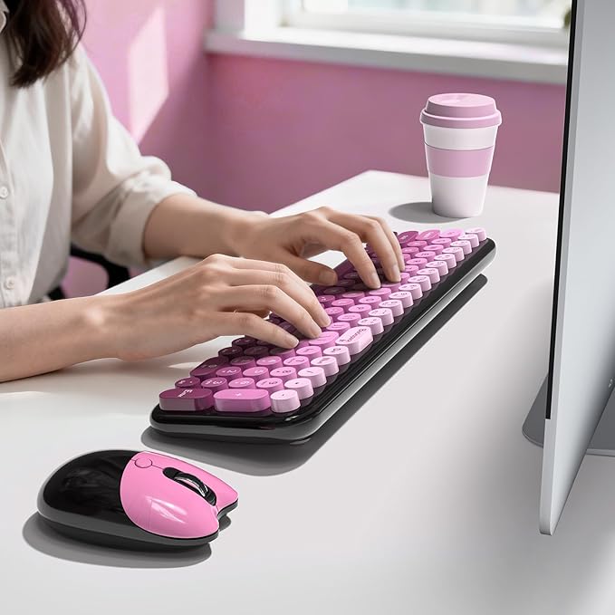 Wireless Keyboard and Mouse Combo MOWUX Compact Typewriter Retro Round Computer Keyboard Cute Optical Mouse Wireless Plug and Play for Laptop PC Computer- Black Pink Gradient