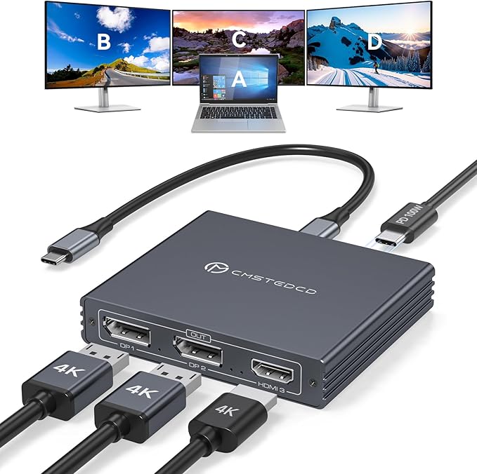USB C to HDMI + 2 Displayport Adapter 3 Monitors 4K60Hz DP HDMI Splitter 1 in 3 Out for Extended Display with PD 100W Charging Plug &amp Play Compatible with LaptopPCUSB-C Graphics Card