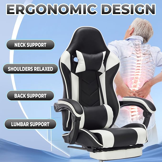 Ergonomic Gaming Chair with Footrest Black and White Gaming Chair for Adults Girls Women Video Game Chairs with Wheels &amp Lumbar Support 300 LBS Capacity (Black+White2)