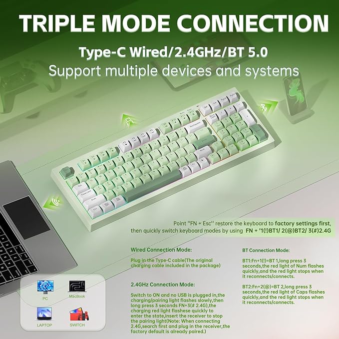 LEOBOG x Aula Gaming Keyboard Wireless Creamy Keyboard Bluetooth Computer Keyboards Ergonomic Typewriter Full Size with Number Pad Light Up RGB Backlit Tri-Mode BT/2.4GHz/USB-C - K99 Green