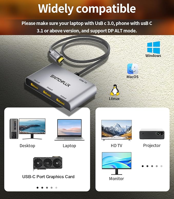 USB C to 3 × HDMI Adapter |4K60Hz HDMI Splitter Extended Display 1 in 3 Out MST Hub with 100W PD for Multiple Monitors Converter Compatible with LaptopPCUSB-C Graphics Card
