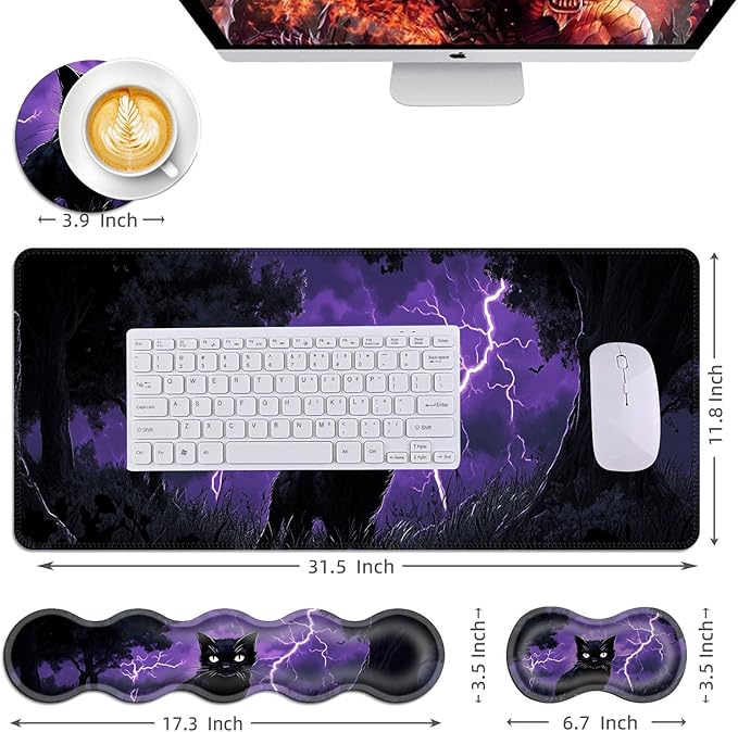 Mouse PadLarge Desk Mat Set 4in1 XL Mousepad + Keyboard Wrist Rest+Mouse Wrist Rest+Coaster with Ergonomic Desk Pad for Home Office Table Computer Cover -Cat in Purple Lightning Storm