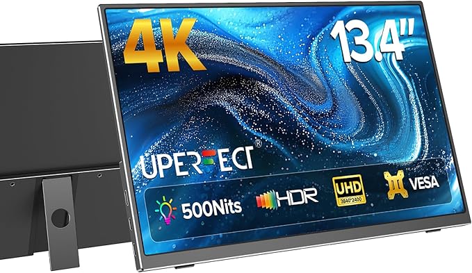 UPERFECT 4K Portable Monitor 13.4 UHD 3840x2400 Matte IPS Laptop Display with Built-in Stand 16:10 Aspect Ratio 100% sRGB 500 Nits Brightness All-Metal Frame for PC/Mac/Phone/Game Console