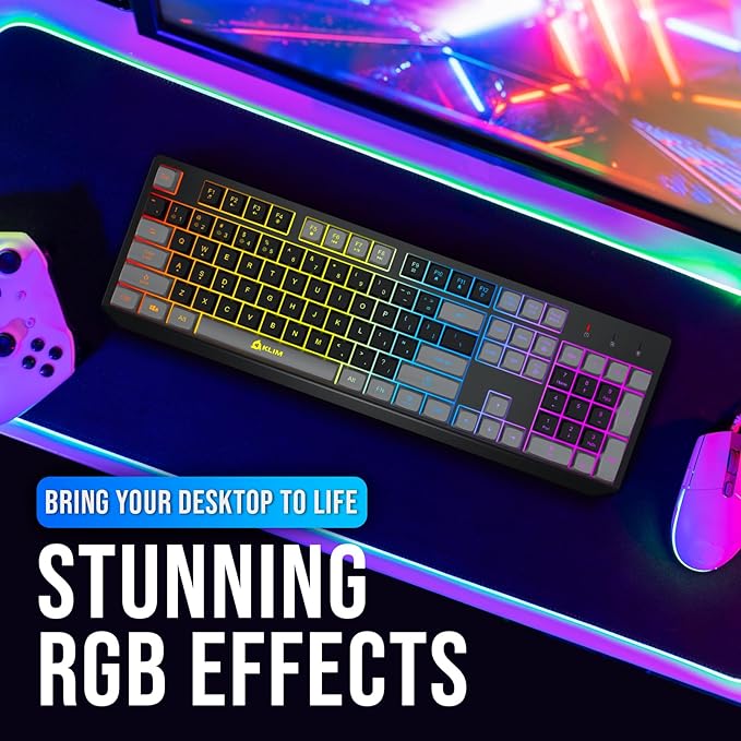 KLIM Chroma Wireless Keyboard – RGB Backlit Gaming Rechargeable Battery PC Keyboard Durable &amp Water-Resistant Compatible with PS4 PS5 &amp Mac - Black