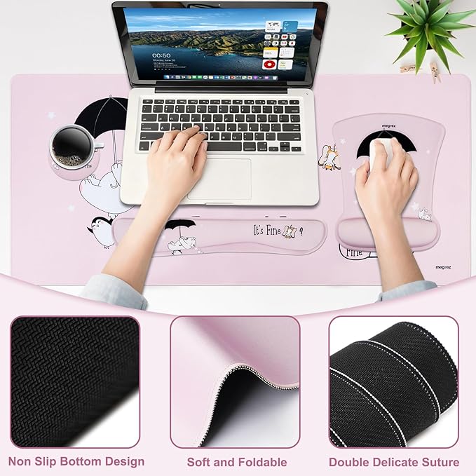 MEGREZ 4-in-1 Ergonomic Memory Foam Wrist Rest Set Desk Pad Mouse Pad with Wrist Rest Keyboard Pad Suitable for Office Workers Programmers &amp Gamers–Relieve Typing &amp Gaming Fatigue Pink