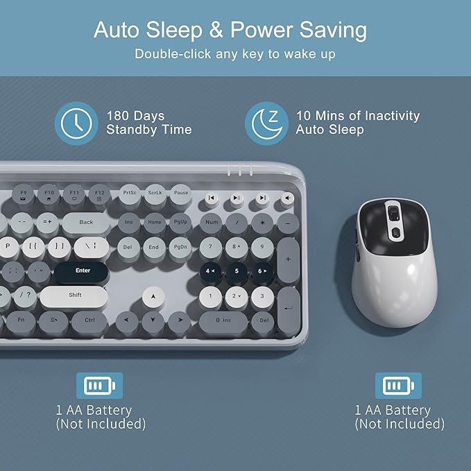 MageGee V920 Wireless Keyboard and Mouse Combo 2.4G Full-Sized Retro Typewriter Keyboard with Round Keycaps &amp Auto-Sleep Mode Cute Computer Keyboard and Cordless Optical Mouse for Laptop/PC (Gra