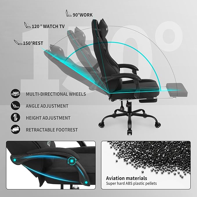Gaming Chair Fabric with Pocket Spring CushionErgonomic Computer Office Chair Cloth with Footrest and HeadrestHigh Back Game Chair with Lumbar SupportAdjustable Backrest for AdultsBlack