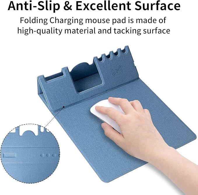 Mouse Pad with Phone Holder &amp Pen Holders Wireless Charging Desk Mat Mousepad Home Office Desk Pad with Ultra-Smooth Surface Non-Slip Base Waterproof Keyboard Pad Classic Blue Desk Mat