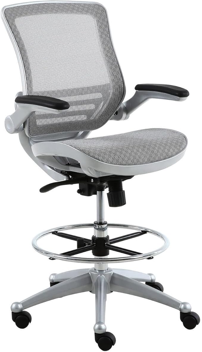 Maykoosh Mesh Drafting Chair - Adjustable Height &amp Lumbar Support - Heavy Duty Rolling Chair - Platinum