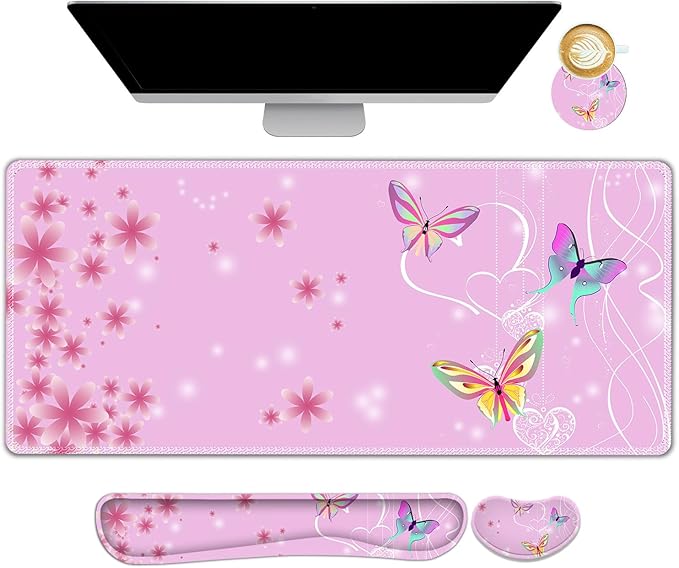 Pink Butterfly Desk Mat Florals 4 in1 Large Gaming Mouse Pad Set Ergonomics Keyboard Pad with Memory Foam Wrist Rest Extended Game Mousepad Non-Slip Desk Protector Matt Easy Typing Pain Relief