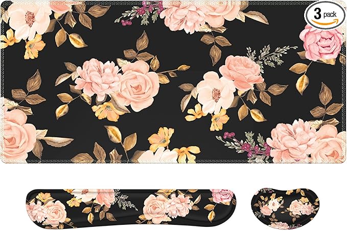 XXL Desk Mat Large Floral Mouse Pad with Wrist Rest Keyboard Wrist Rest 3 in1 Desk Pad Matt Set Gaming Mousepad with Wrist Support Computer Mat for Desktop Office Women LaptopBlack Pink