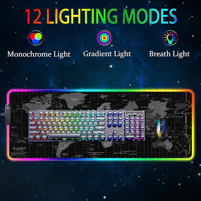 RGB Gaming Mouse Pad Large Mousepad with Led Light Gaming Accessories Keyboard Pad for Desk Non-Slip Rubber Base Big Mouse Mat for Gamer 31.5 X 11.8 Inch Black World Map