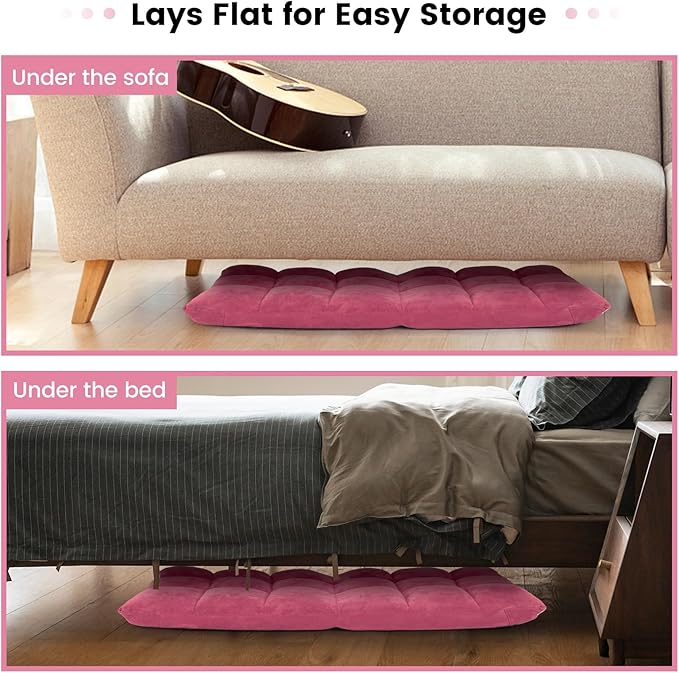 MAT EXPERT Floor Chair with Back Support Floor Gaming Chair w/ 14 Adjustable Position Soft Coral Fleece&ampAlloy Steel Frame Foldable Padded Lazy Couch Recliner for Meditating (Pink Large)