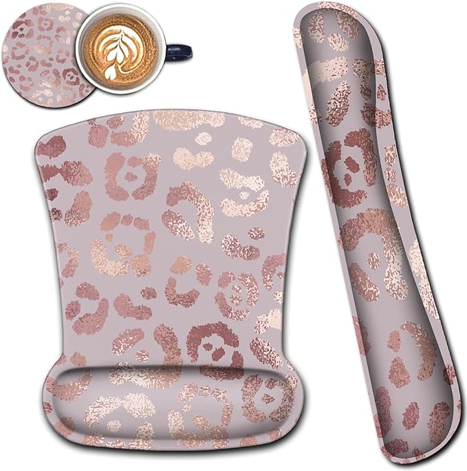 Ergonomic Mouse Pad Wrist Support and Memory Foam Keyboard Wrist Rest SetGel Mouse Mat with Non-Slip PU BaseKeyboard Palm Rest for Home Office Wireless Gaming Desk Pad Rose Gold Leopard Pink