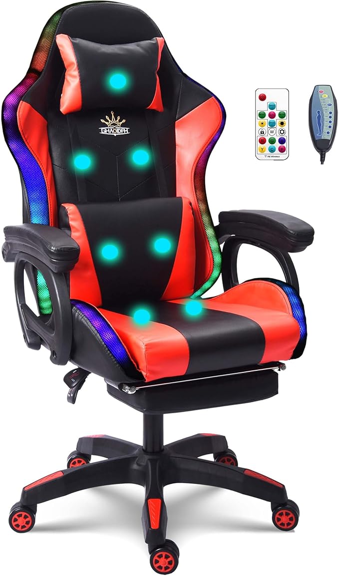 Gaming Chair with 7-Point Massage Function Ergonomic Computer Chair with Footrest and Lumbar Support Video Gaming Chair with RGB Lights and Speakers Adjustable Backrest Swivel ChairRed