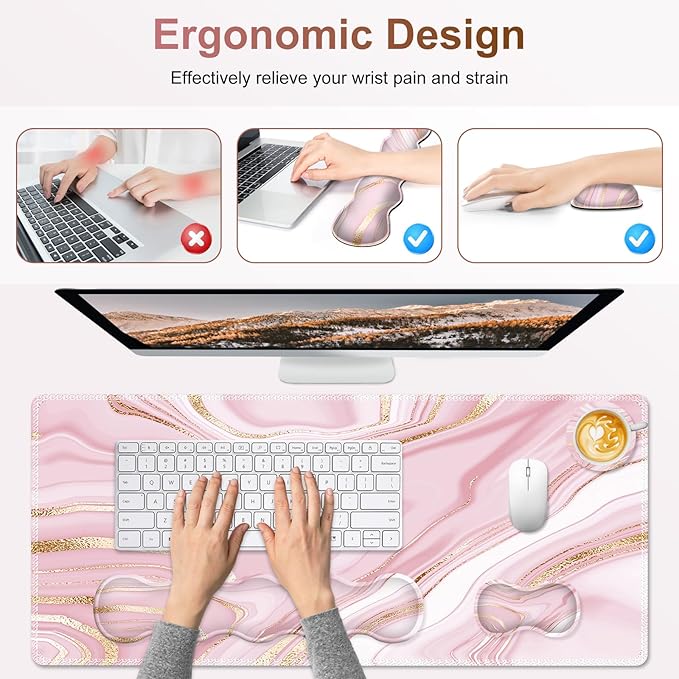 Gaming Mouse Pad Keyboard Wrist Support 4 in1 Mousepad Set with Wrist Keyboard Rest Computer Desk Mat Non-Slip Desk Pad Protector with Memory Foam Easy Typing Pain Relief I Pink Gold Marble