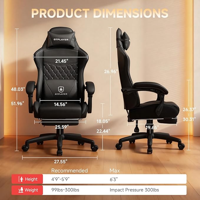 GTPLAYER Gaming Chair High Back Leather Computer Game Chair with Footrest Ergonomic Height Adjustable Office Chair with Removable Cover and Lumbar Support for Gaming and Work (Black)