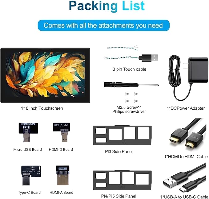8 Inch Touchscreen for Raspberry Pi5-Point 1280 * 800 IPS Touchscreen Portable Monitor with HDMI Interface Dual-Speaker for Raspberry Pi 5/4B/3B+/3B/B+ Jetson Nano Win11/10/8/7(8'' 1280*800)